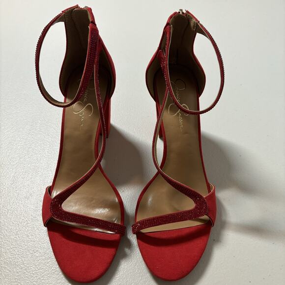 Jessica Simpson Red Suede Block Heel Sequin Strap Sandals Zipper Back Size 10 - Picture 1 of 10